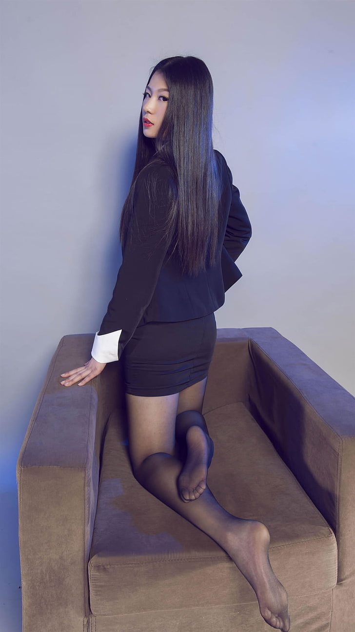 Asian, women, black hair, pantyhose, black pantyhose, office girl, HD wallpaper