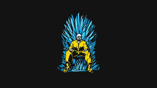 Обои Breaking Bad, Уолтер Уайт, Игра престолов, трон, кроссовер, Железный трон, голубой, Breaking Bad, желтый, черный фон, простой, HD обои HD wallpaper