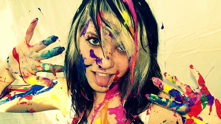 women, paint splatter, tongues, HD wallpaper