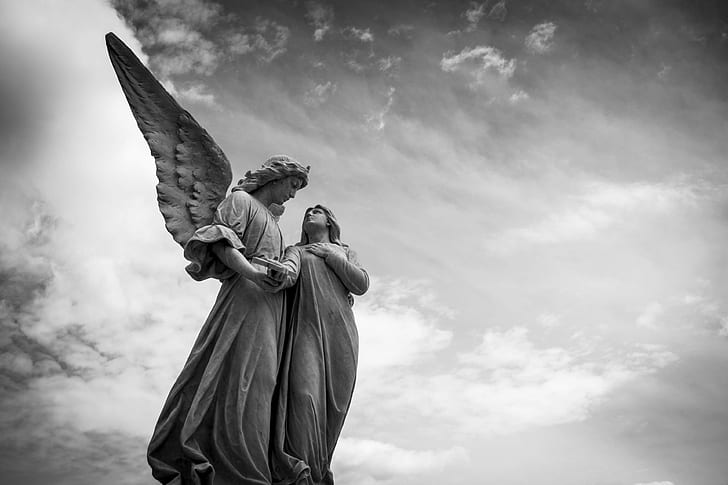 angel, art, black and white, clouds, figure, low angle shot, sculpture, sky, statue, HD wallpaper
