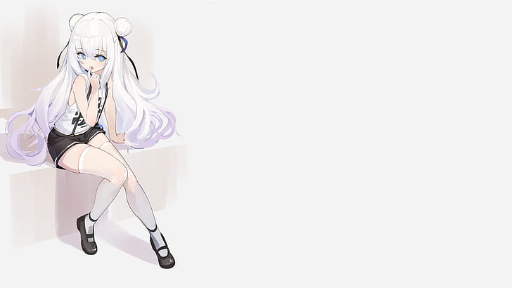 anime, anime girls, simple background, Azur Lane, white hair, sitting, stockings, thighs, zettai ryouiki, schoolgirl, thigh-highs, short shorts, HD wallpaper