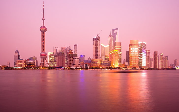 회색 마천루, 반사, 건물, 중국, 상하이, HD 배경 화면
