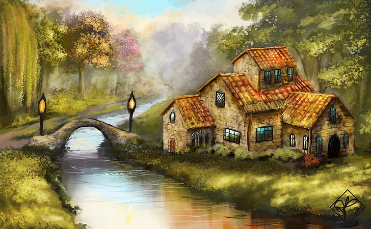 casa marrone vicino al corpo idrico pittura, foresta, alberi, ponte, casa, fiume, arte, luci, IVA, Sfondo HD