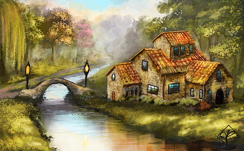 brown house near body of water painting, forest, trees, bridge, house, river, art, lights, IVA, HD wallpaper HD wallpaper