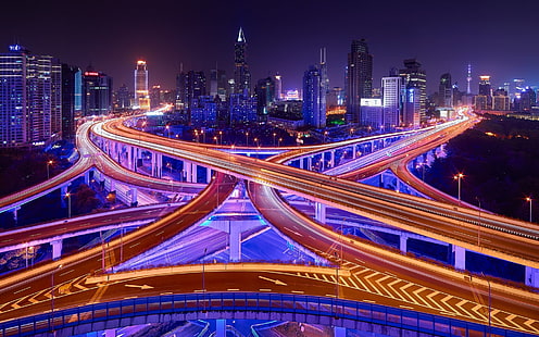 jalan, kota, neon, pohon, langit malam, eksposur panjang, jalur cahaya, Shanghai, Cina, Wallpaper HD HD wallpaper