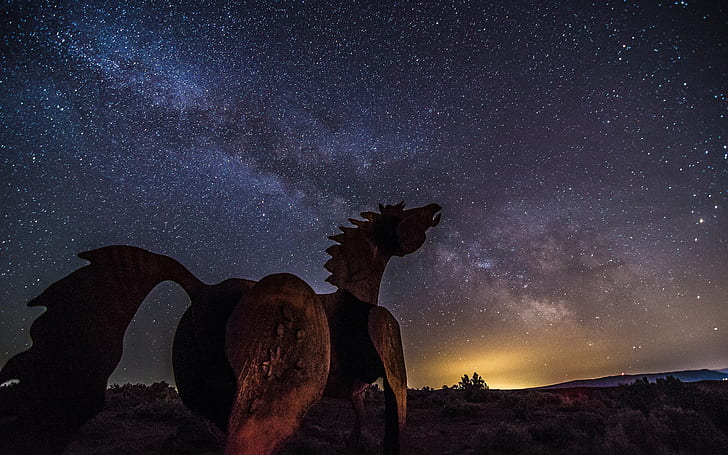 Patung Kuda Malam Bintang Galaksi Bima Sakti HD, alam, malam, bintang, kuda, galaksi, jalan, patung, susu, Wallpaper HD