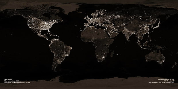 التوضيح خريطة العالم ، الليل ، الأضواء ، الأرض ، القارات ، البلدان ، المحيطات ، المدن، خلفية HD HD wallpaper