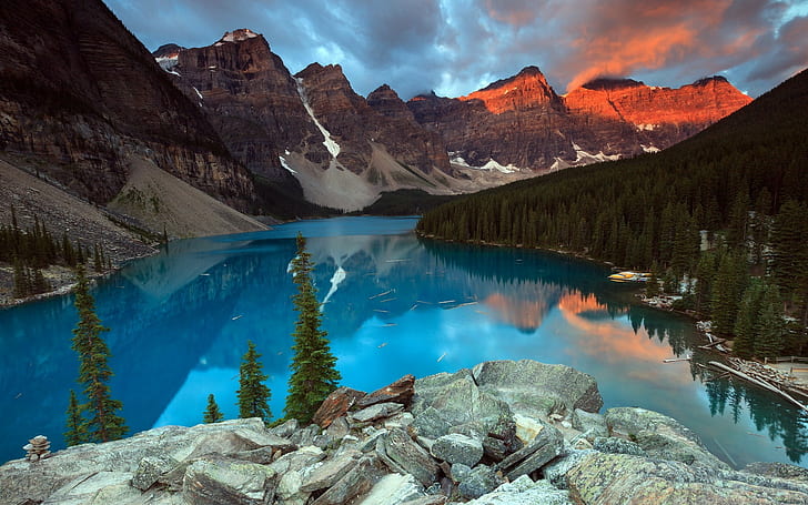 montañas, lago, bosque, puesta de sol, naturaleza, reflejo, Fondo de pantalla HD