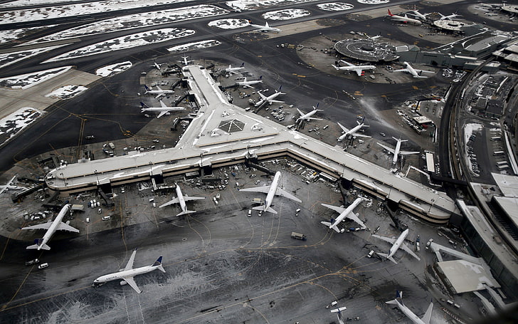 птичи поглед на летище, летище, самолет, зима, въздушен изглед, самолет, летище Нюарк, HD тапет