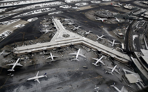 bird's eye view of airport, airport, aircraft, winter, aerial view, airplane, newark airport, HD wallpaper HD wallpaper