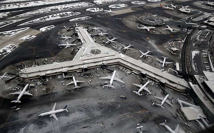 airport, airplane, aerial view, newark airport, aircraft, winter, HD wallpaper