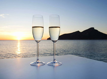 Champagne Sunset, vista, isola, romantico, tropicale, tramonto, champagne, romanticismo, oceano, tavolo per due, paradiso, vacanze, bevande, Sfondo HD HD wallpaper