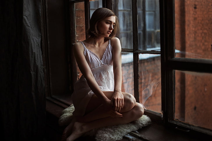 women, white clothing, brunette, window, Evgeniy Reshetov, HD wallpaper