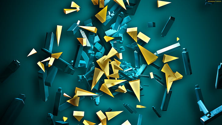 Abstract Pieces HD, yellow and teal fragments 3d illustration, abstract, digital/artwork, pieces, HD wallpaper