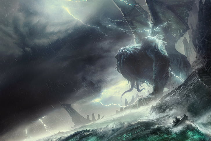 Cthulhu, storm, creature, sea, HD wallpaper