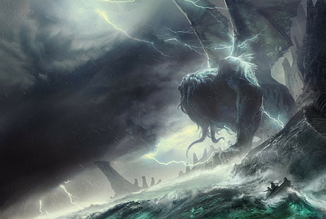  Cthulhu, storm, creature, sea, HD wallpaper HD wallpaper