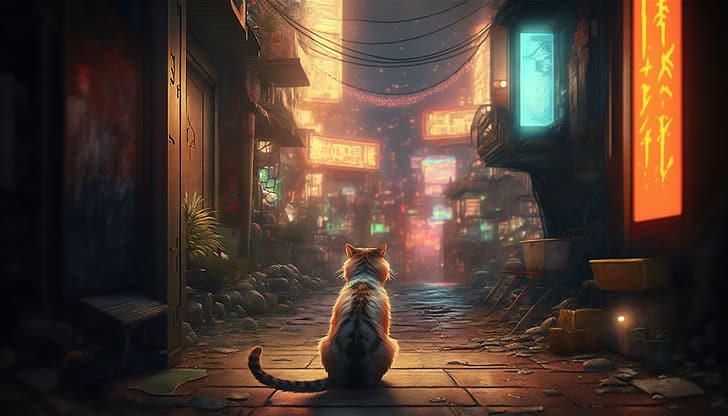 ИИ-арт, киберпанк, иллюстрация, кошки, Маленькая аллея, Япония, HD обои