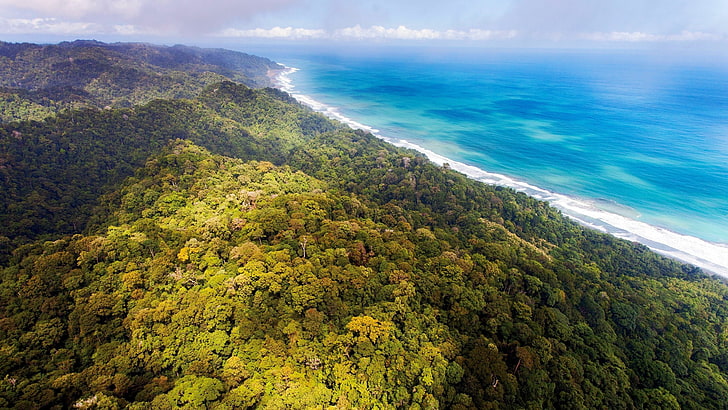 Aerial View, beach, clouds, Costa Rica, forest, Hill, Jungles, landscape, nature, sea, HD wallpaper