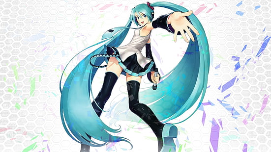 blue haired cartoon character, Hatsune Miku, Vocaloid, anime, microphone, thigh-highs, HD wallpaper HD wallpaper