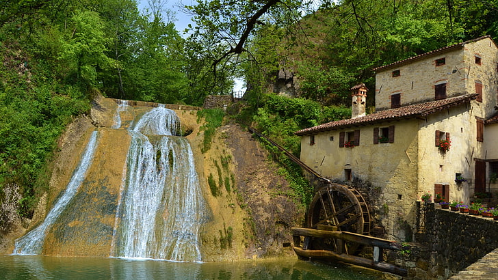body of water, water, mill, waterfall, watermill, molinetto della croda, treviso, tree, italy, ancient mill, historic site, historical, lierza valley, valley, croda watermill, refrontolo, HD wallpaper