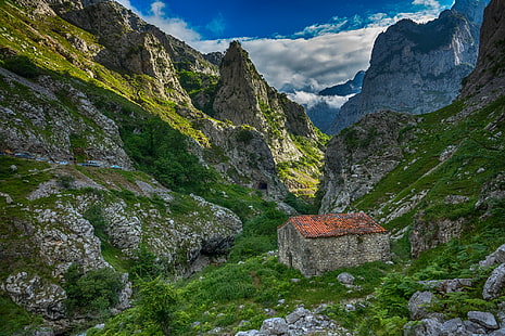 landscape photo of house situated in mountains, landscape, photo, house, mountains, Oriente, Principado de Asturias, España, ES, Sony DSC, DSC-RX10, III, Sony RX10, M3, Spain, Camino, Bulnes, Picos de Europa, HDR, mountain, europe, nature, european Alps, outdoors, summer, travel, tourism, scenics, famous Place, rock - Object, HD wallpaper HD wallpaper