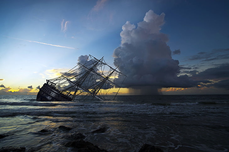 Versunkenes Schiff, Himmel, Horizont, Meer, Segelschiff, sinkende Schiffe, digitale Kunst, HD-Hintergrundbild