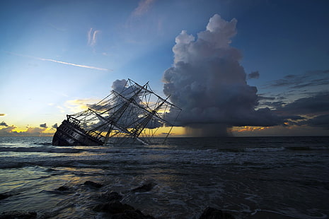 Versunkenes Schiff, Himmel, Horizont, Meer, Segelschiff, sinkende Schiffe, digitale Kunst, HD-Hintergrundbild HD wallpaper