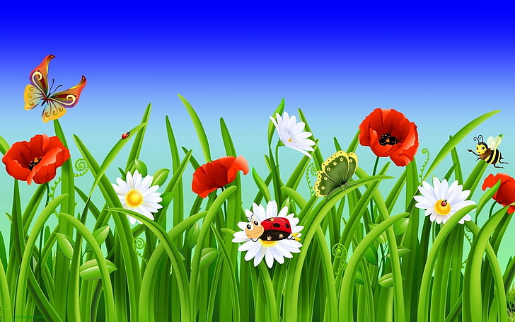 Artistic, Spring, Bee, Bug, Butterfly, Daisy, Grass, Poppy, HD wallpaper