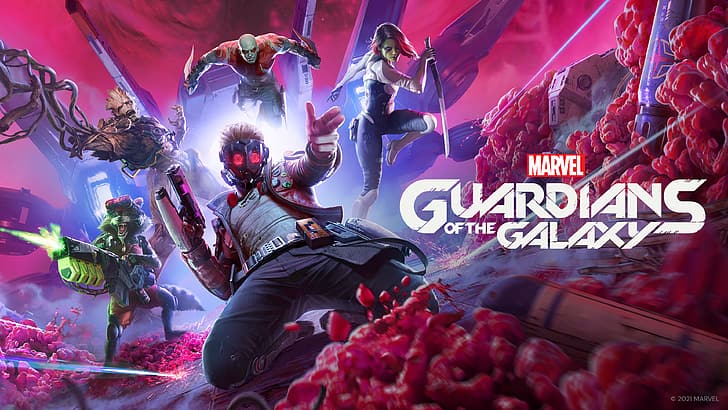Guardians of the Galaxy (gra), Marvel Comics, Star Lord, Gamora, Drax the Destroyer, Groot, Rocket Raccoon, Square Enix, 4K, Tapety HD