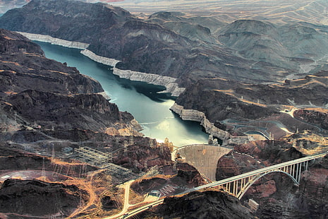 аэрофотосъемка белого висячего моста и гор, плотина Гувера, плотина Гувера, плотина Гувера, аэрофотосъемка, белая, висячий мост, горы, США, река Колорадо, аризона, пейзаж, природа, HD обои HD wallpaper
