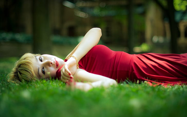 depth of field of woman in red dress lying on green grass, depth of field, woman in red, red dress, green grass, girl, summer, warm, artistic, nikon, light, women, outdoors, beautiful, people, caucasian Ethnicity, one Person, grass, lying Down, relaxation, nature, beauty, females, lifestyles, young Adult, cute, park - Man Made Space, adult, smiling, cheerful, HD wallpaper
