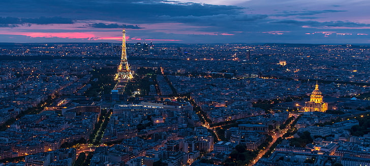 France, Paris, panorama, Tour Eiffel, ville la nuit, Hôtel des Invalides, Invalides, Fond d'écran HD