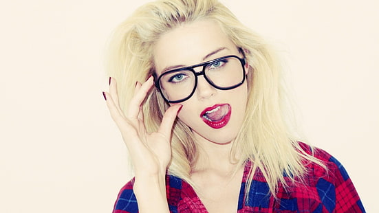 Amber Heard, blonde, glasses, women, brunette, Terry Richardson, model, makeup, face, shirt, women with glasses, tongues, painted nails, simple background, looking at viewer, actress, white background, HD wallpaper HD wallpaper