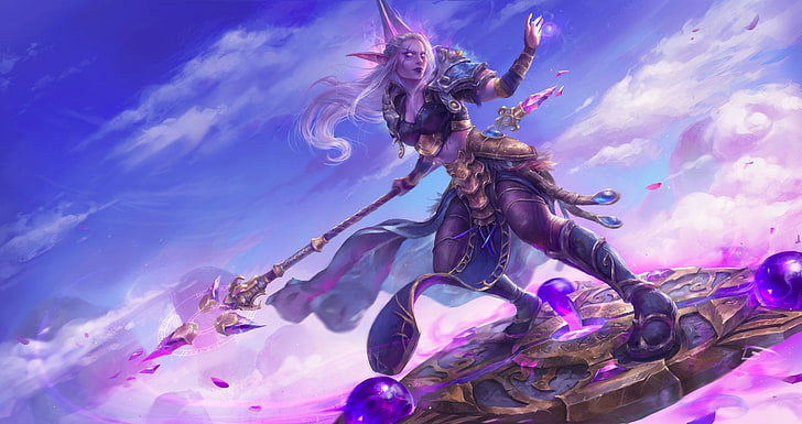 скриншот игрового приложения, World of Warcraft, ночные эльфы, колдун, седые волосы, World of Warcraft Legion, посох, маг, HD обои