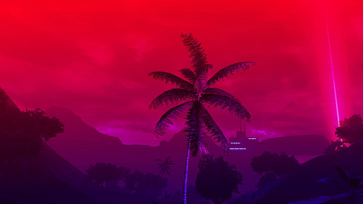 sunset, Far Cry 3: Blood Dragon, palm trees, neon, trees, jungle, HD wallpaper