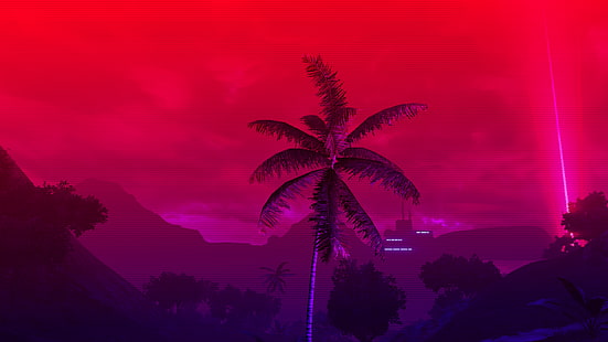 puesta de sol, Far Cry 3: Blood Dragon, palmeras, neón, árboles, selva, Fondo de pantalla HD HD wallpaper