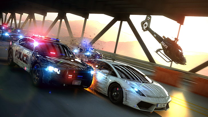 Fondo de pantalla digital Need for Speed, puente, velocidad, policía, persecución, arte, policías, persecución más buscada, Fondo de pantalla HD