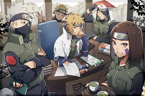ชุดอาหารเย็นเซรามิกสีขาวและน้ำเงิน, Uzumaki Naruto, Hatake Kakashi, Namikaze Minato, Uchiha Obito, Nohara Rin, Naruto Shippuuden, Naruto (อะนิเมะ), วอลล์เปเปอร์ HD HD wallpaper