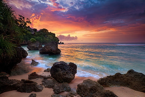 large black rock, Bali, Indonesia, nature, clouds, tropical, sea, rock, landscape, shrubs, sand, HD wallpaper HD wallpaper