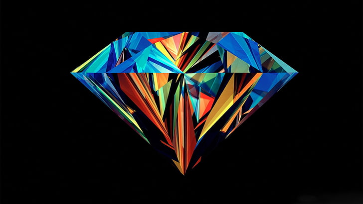 multicolored diamond vector art, Justin Maller, diamonds, Facets, black background, HD wallpaper