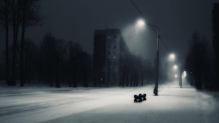 ночь, город, снег, скамейка, уличный фонарь, россия, монохромный, серый, HD обои