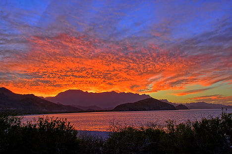 landscape photography of mountains during golden hour, Fire, landscape photography, golden hour, Loreto, Mexico, Bay, Scenic, Sea of Cortez, Spa, Sunset, Sun, milf, Wife, Water, Resort, Reflections, Reflection, Clouds, Mountains, BCS, Beach, Baja California Sur, Blue  Color, Color  Orange, Orange  Red  Yellow, Baja California, Gulf of California, Serene, Sea, Seascape, May, Vacation, Palmar, VDP, Coast, Easy, HDR, Nikon D7100, Nikkor, f/3.5, Kirt, Islands, Loreto, Landscape, vivid, Waterscape, nature, dusk, mountain, scenics, sky, coastline, sunrise - Dawn, outdoors, summer, island, beauty In Nature, blue, sunlight, travel, HD wallpaper HD wallpaper