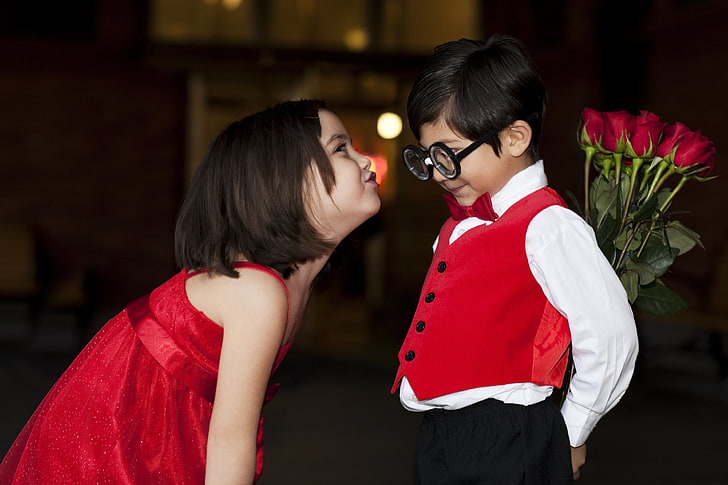 toddler's red vest and white dress shirt, love, children, childhood, retro, romance, glasses, girl, beautiful, funny, Valentine's Day, little girl, Flower bouquet, Floral bouquet, HD wallpaper