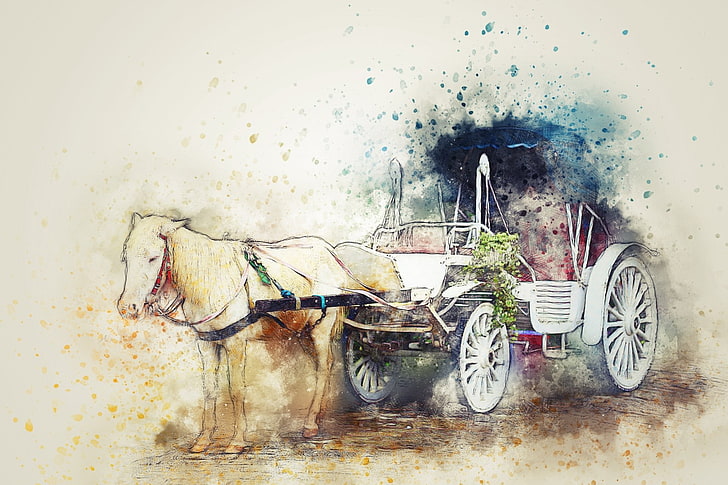 Fordon, hästdragna fordon, konstnärliga, konstverk, vagn, vagn, häst, akvarell, HD tapet