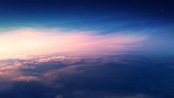 white clouds wallpaper, blue and white clouds, sky, nature, sunset, clouds, stars, color correction, horizon, HD wallpaper