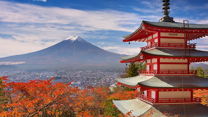Japan, architecture, pagoda, red leaves, fall, volcano, Mount Fuji, HD wallpaper