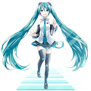 Vocaloid, Hatsune Miku, дълга коса, двойни опашки, високи бедра, вратовръзки, аниме момичета, аниме, HD тапет HD wallpaper