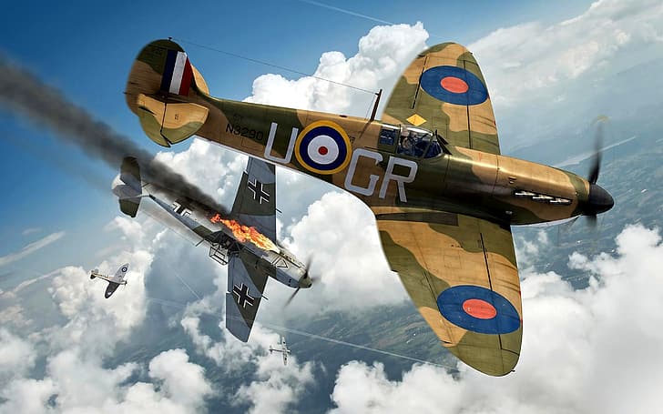 Messerschmitt, Pertempuran Inggris, RAF, Angkatan Udara, Supermarin, Emil, Dogfight, Bf.109E, WWII, Spitfire Mk.Ia, Wallpaper HD