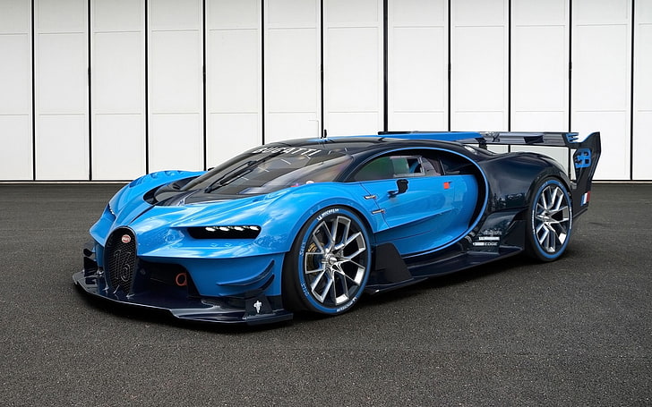 синьо и черно Bugatti Cheron, Bugatti Veyron, кола, превозно средство, сини автомобили, Bugatti Vision Gran Turismo, HD тапет
