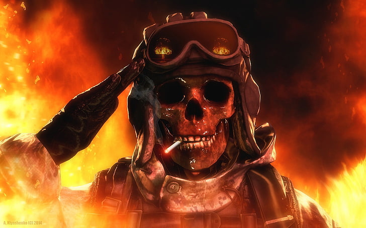 skeleton wearing goggles digital wallpaper, CGI, render, skull, fire, cigarettes, HD wallpaper